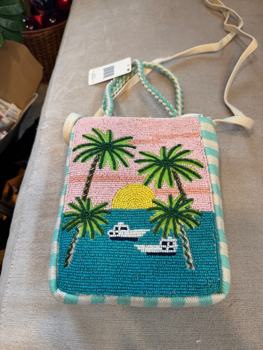 Beaded Palm Sunset Crossbody Bag - Pink & Teal